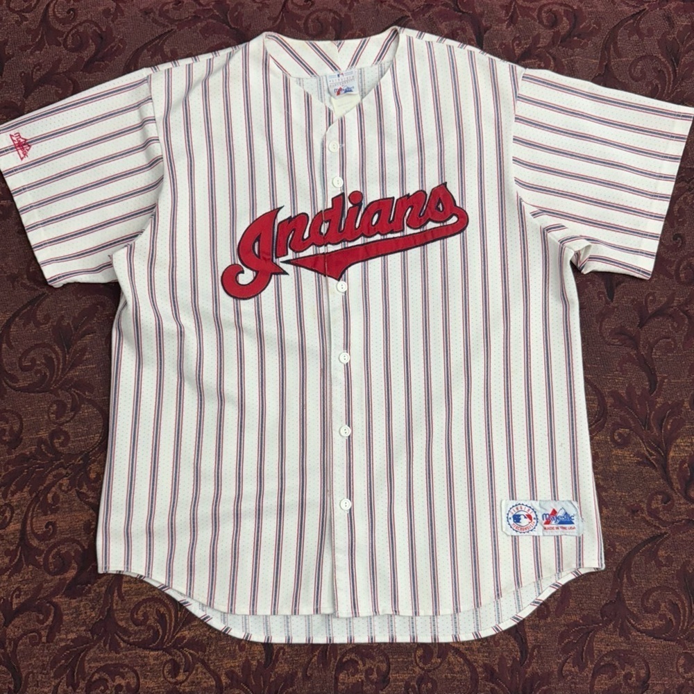 80s Striped Cleveland Indians Majestic MLB Baseball Jersey